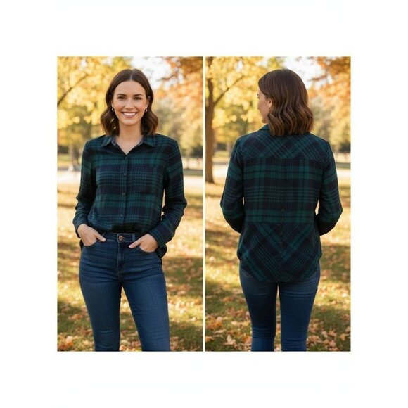 Papermoon Womens Green & Navy Plaid Button-Up Long Sleeve Shirt S - Picture 1 of 8